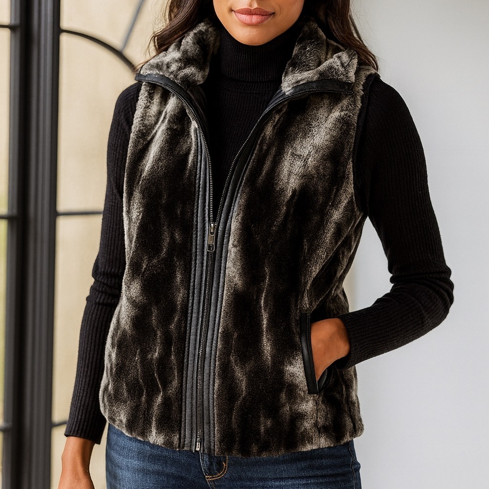 Yoki New York Faux Fur Zip Black Gray Cozy Warm Vest Women’s Large